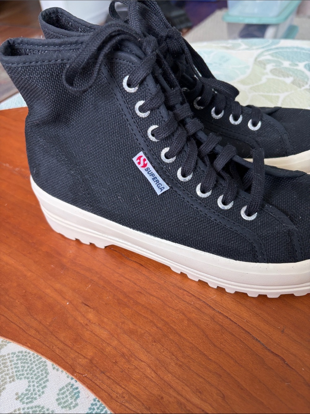 Superga Black Canvas High-Top Sneakers with White Platform